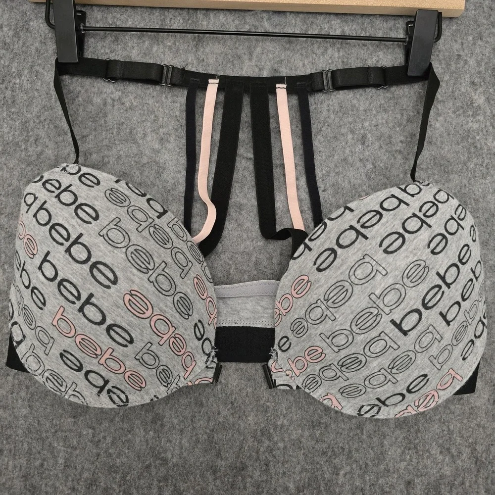 Bebe Bra Womens 38C Gray Logo Racerback Padded Underwire T-Shirt Front Closure